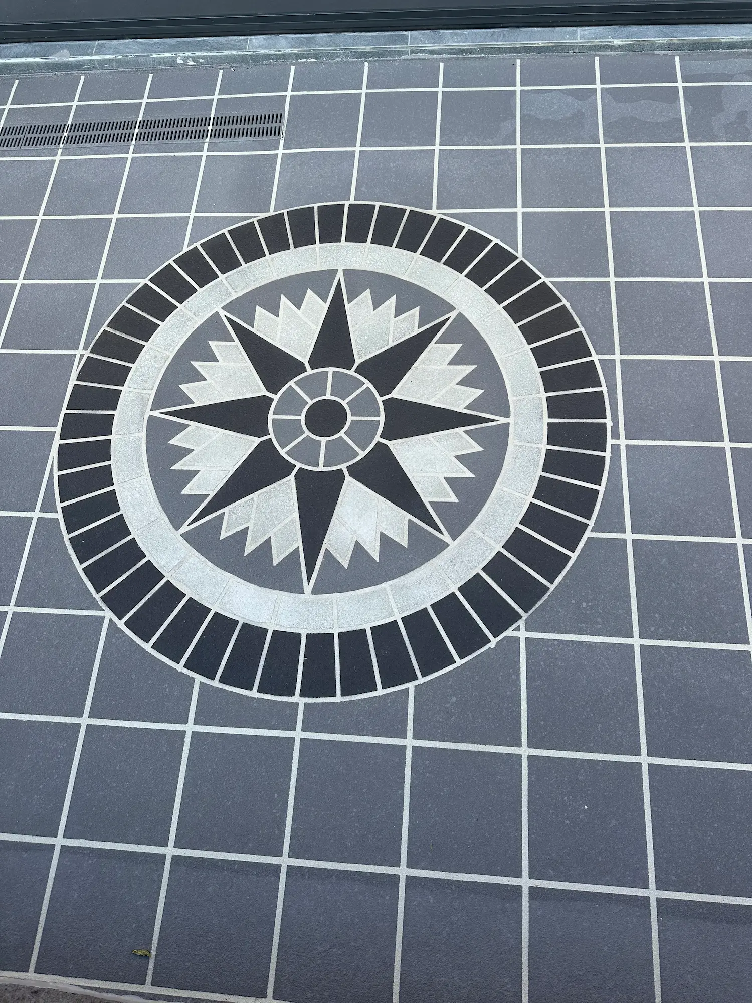 Black and white compass rose feature in tile-pattern spray-crete